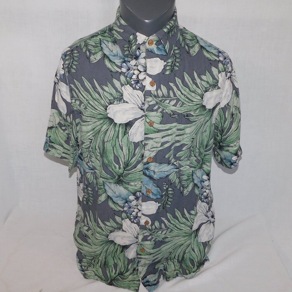 Vintage Silk Gray Green White Floral Hawaiian Silk Linen Blend Shirt Mens M